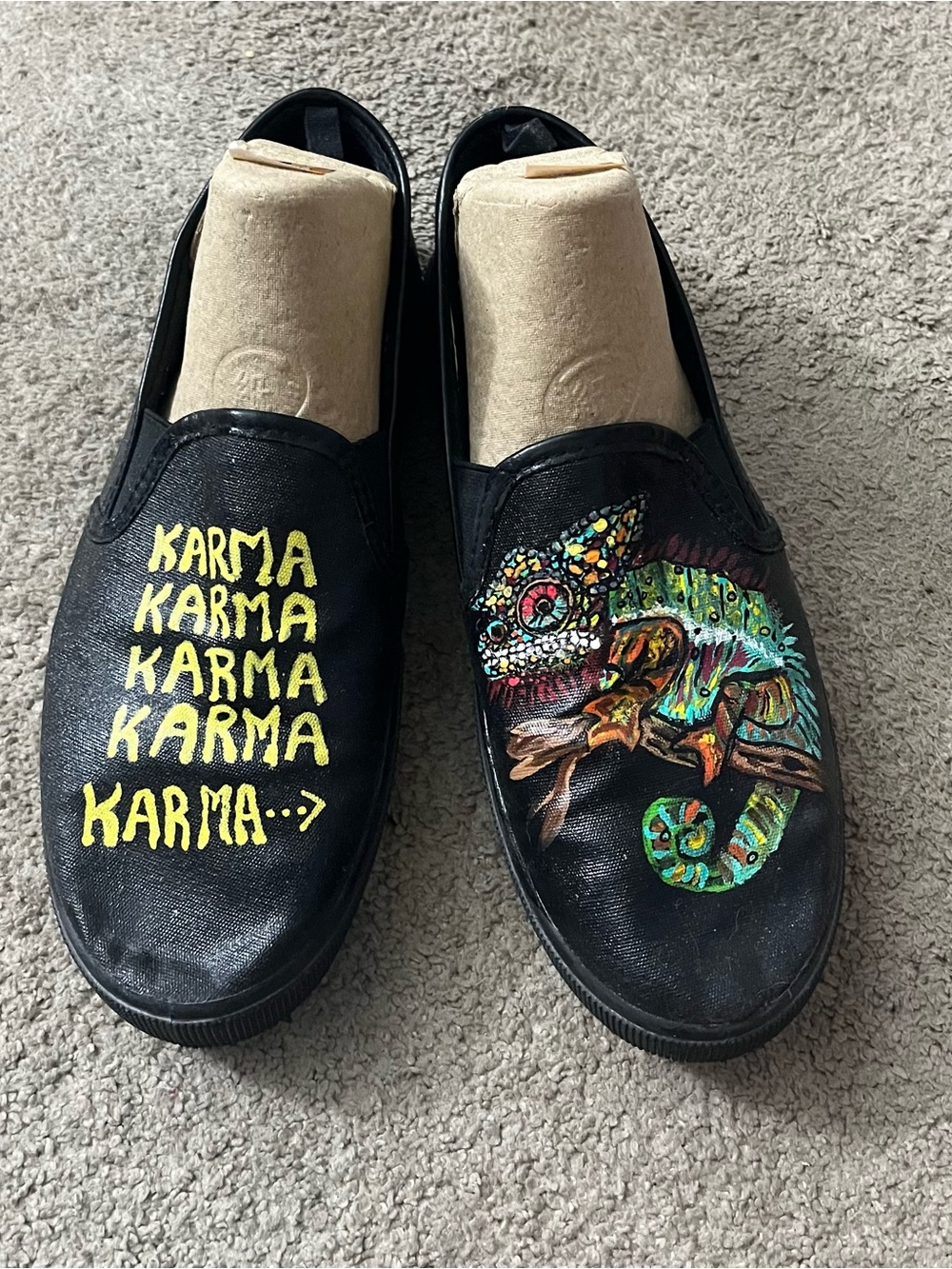 Hand-Painted Airwalk Black Slip-On women’s Shoes with Colorful Chameleon